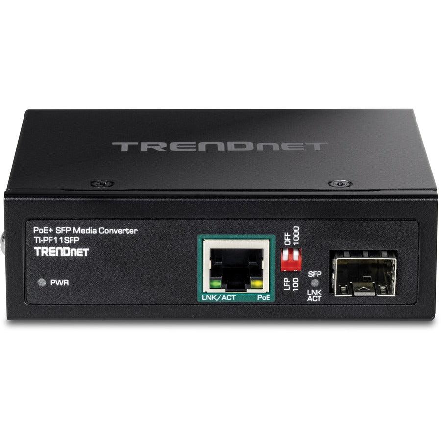 TRENDnet Industrial SFP to Gigabit PoE+ Media Converter, IP30 Rated Housing, Operating temperature range -40&deg;- 75 &deg;C to (-40&deg; - 167 &deg;F), TI-PF11SFP, Black